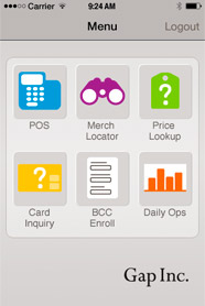 Gap POS Menu screen
