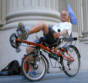 Just because he's seated doesn't mean riding across the US is easy