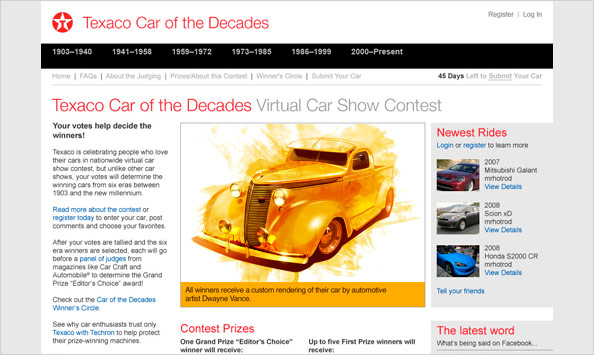 Texaco Car of the Decades program web pages